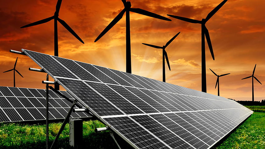 Solar panel farm stretching to horizon with wind turbines in background under blue sky